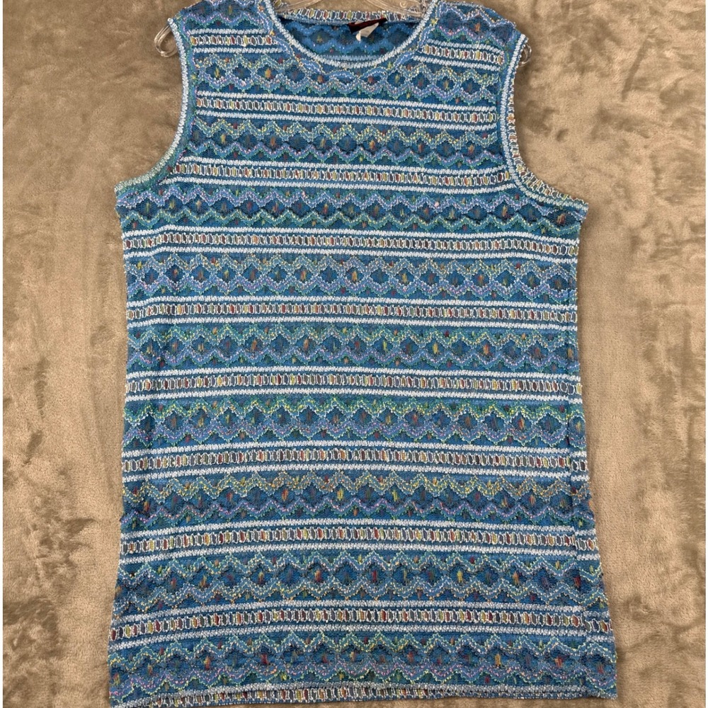 Vintage Slee Blue Multi Geometric Knit Sleeveless Top XL Made in USA